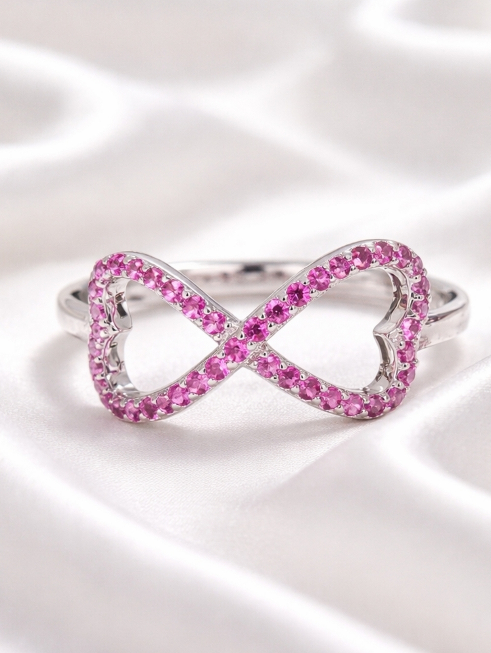 Infinity Heart Pink CZ Ring, 925 Sterling Silver New